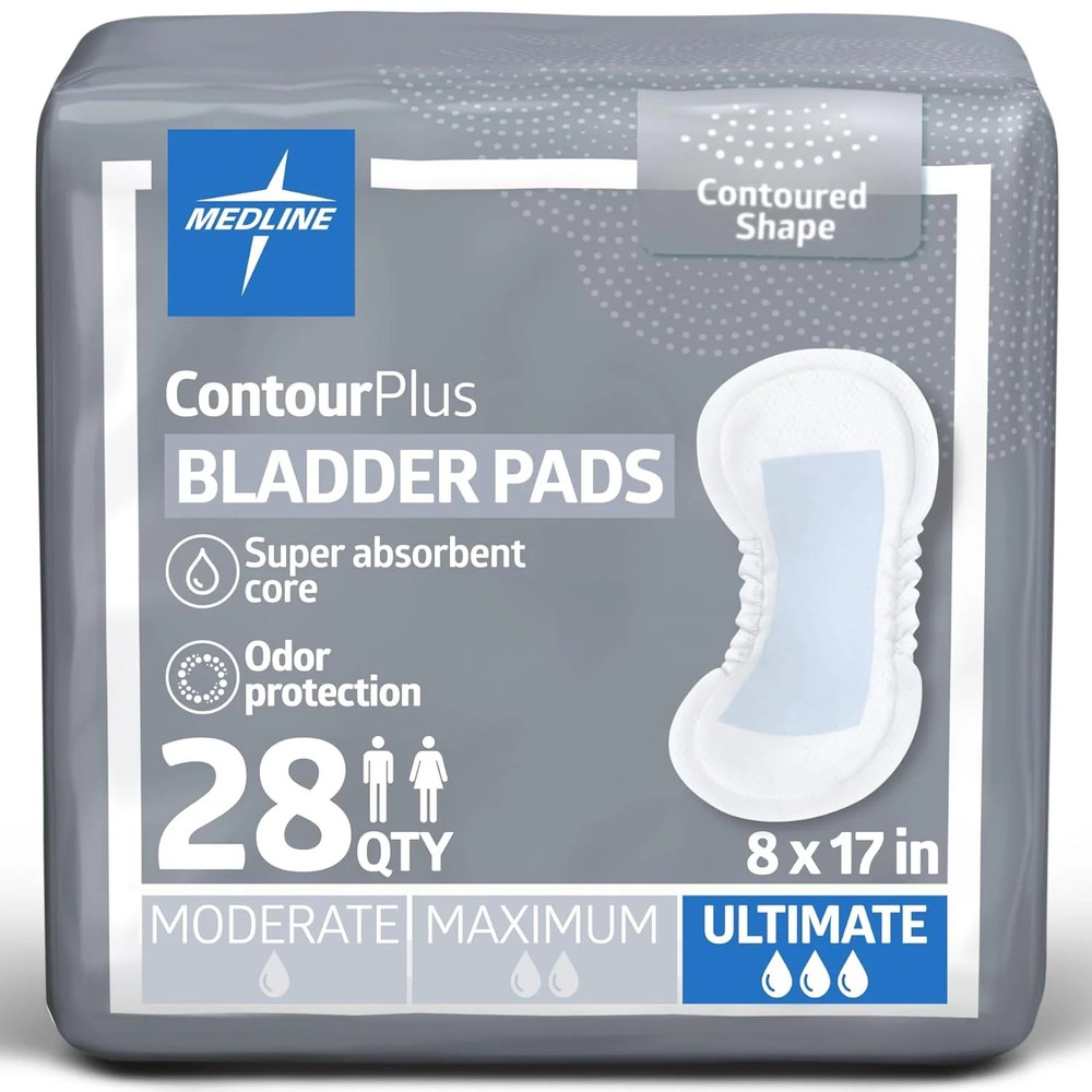 Medline ContourPlus Bladder Control Pads, Ultimate Absorbency, 8 x 17 Inches, Ba