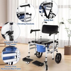 Bedside Commode Wheelchair: Drop Arms, 308lb Cap, Shower Chair, Anti-tilt