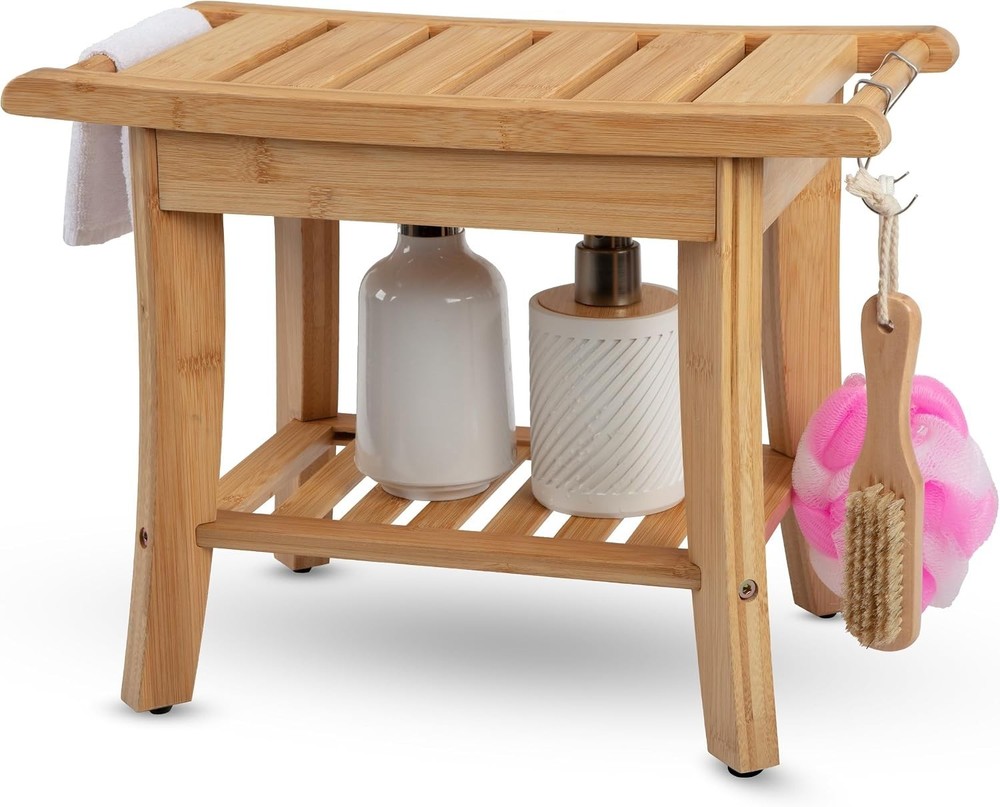 Teak Shower Bench Teak Shower Stool Curved Seat,Wooden Stool for Bathroom,Te