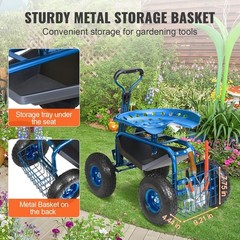 360° Swivel Seat & Tool Tray & Steering Handle, Rolling Workseat, Blue