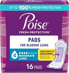 4 Drop Moderate Absorbency Incontinence Pads – Long Length, Zero Odor, 16 Pack