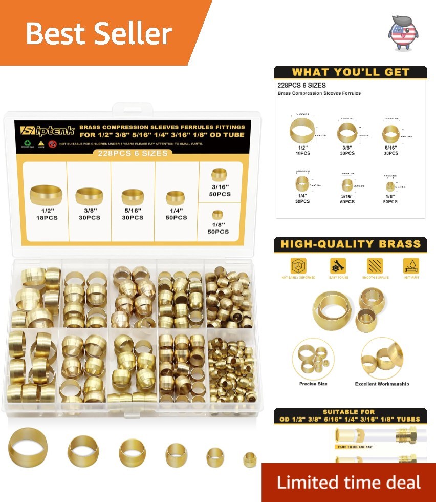 228PCS Brass Compression Sleeves Ferrule Kit – 6 Sizes for Versatile Use