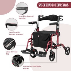 Folding Rollator Walker with Seat and Wheels Supports up to 300 lbs-Red – Color:
