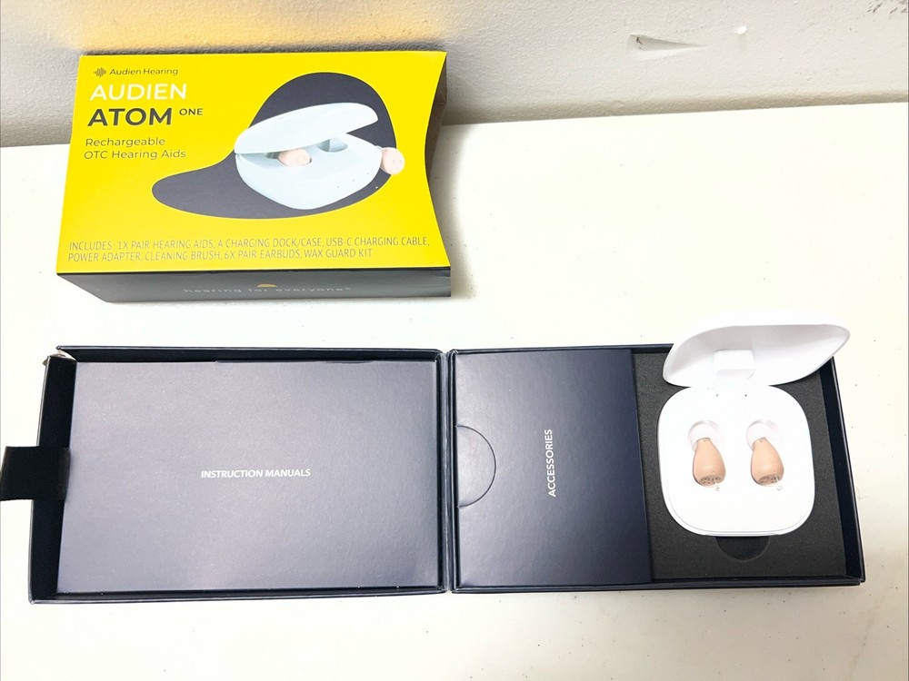 Audien Atom One Rechargeable OTC Hearing Aids Beige 20 Hr Battery NEW OPEN BOX