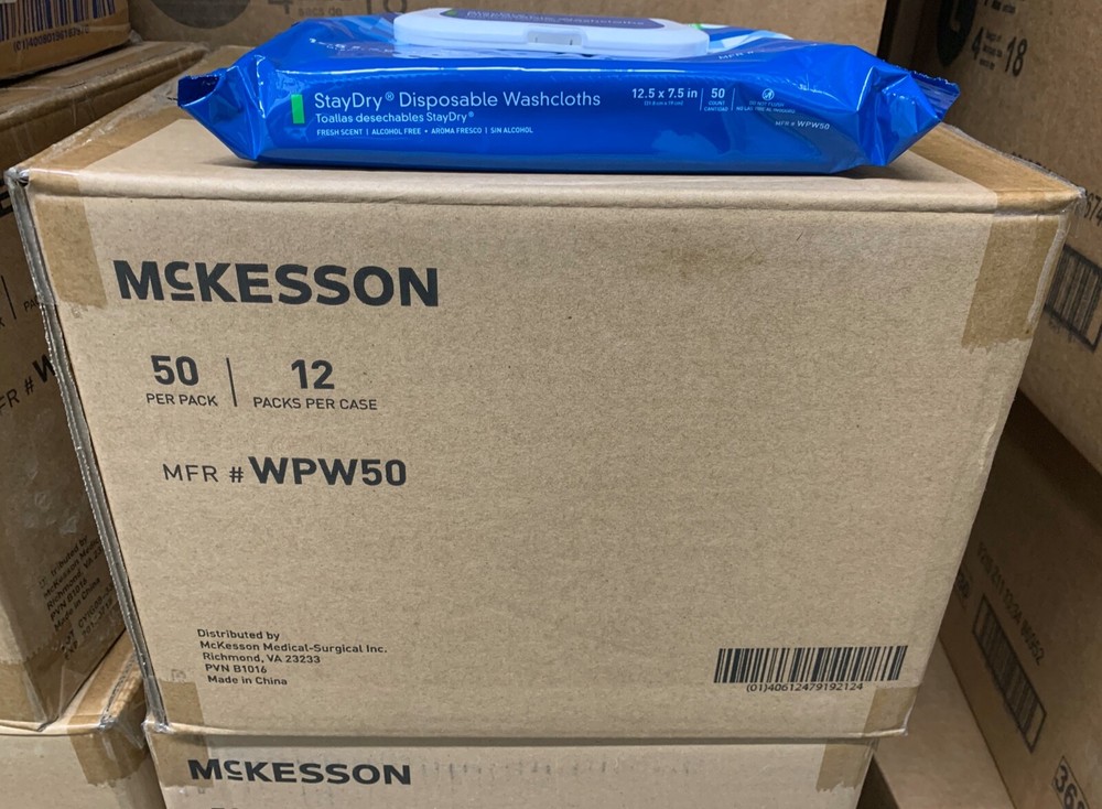 McKesson WPW50 StayDry Personal Wipe Disposable Washcloth w/ Aloe 12 Packs of 50