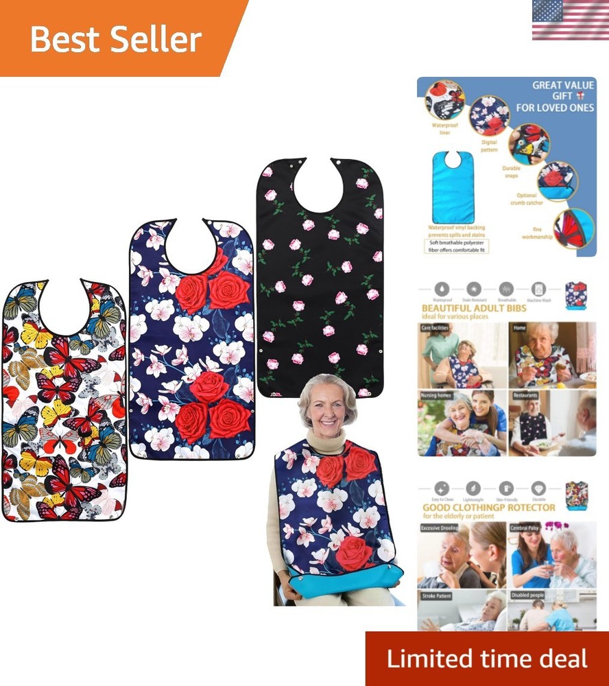 Large 3 Pack Washable Adult Bibs with Adjustable Snap & Crumb Catcher Features
