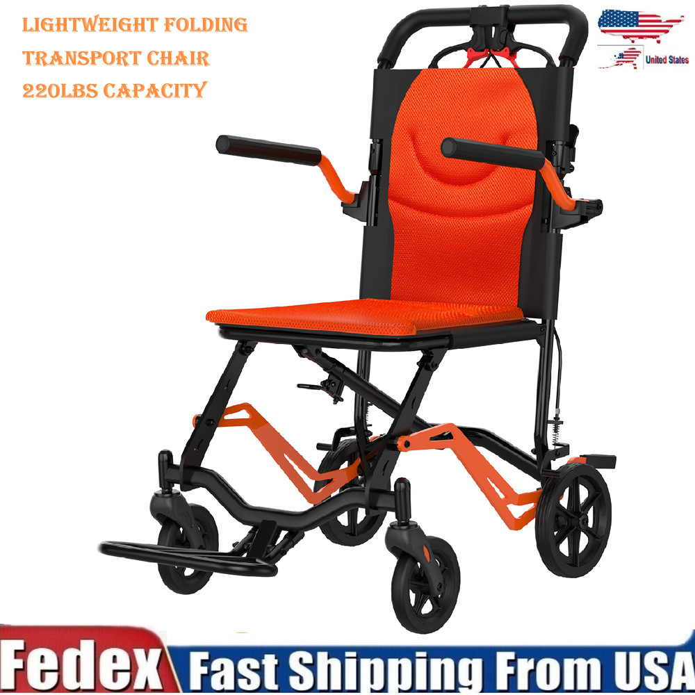 Folding Wheelchair Transport Chair w/ Locking Handbrake & Removable Flip Armrest