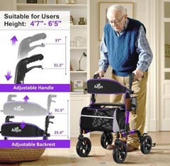 Aojin Lightweight & Foldable Rollator Walker w/Seat, 8″ All-Terrain, 18″ Seat…