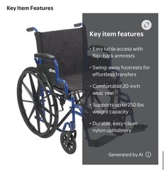 Drive Manual Wheelchair Blue/Black Foldable Flip-Back Arms Swing-Away 250 lb