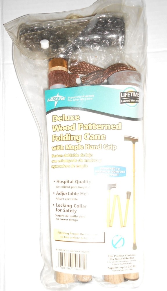 Medline Folding Walking Cane Wood Finish Adjustable 250 lb + Bag MDS86430WDW S80