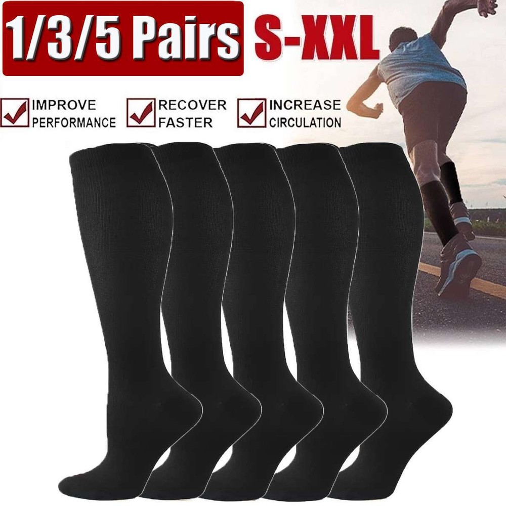 1/3/5 Pairs Compression Socks Stockings Mens and Womens Knee High Medical Relief