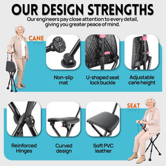 300 Pound Capacity Folding Cane with Seat Adjustable Height Portable Walking