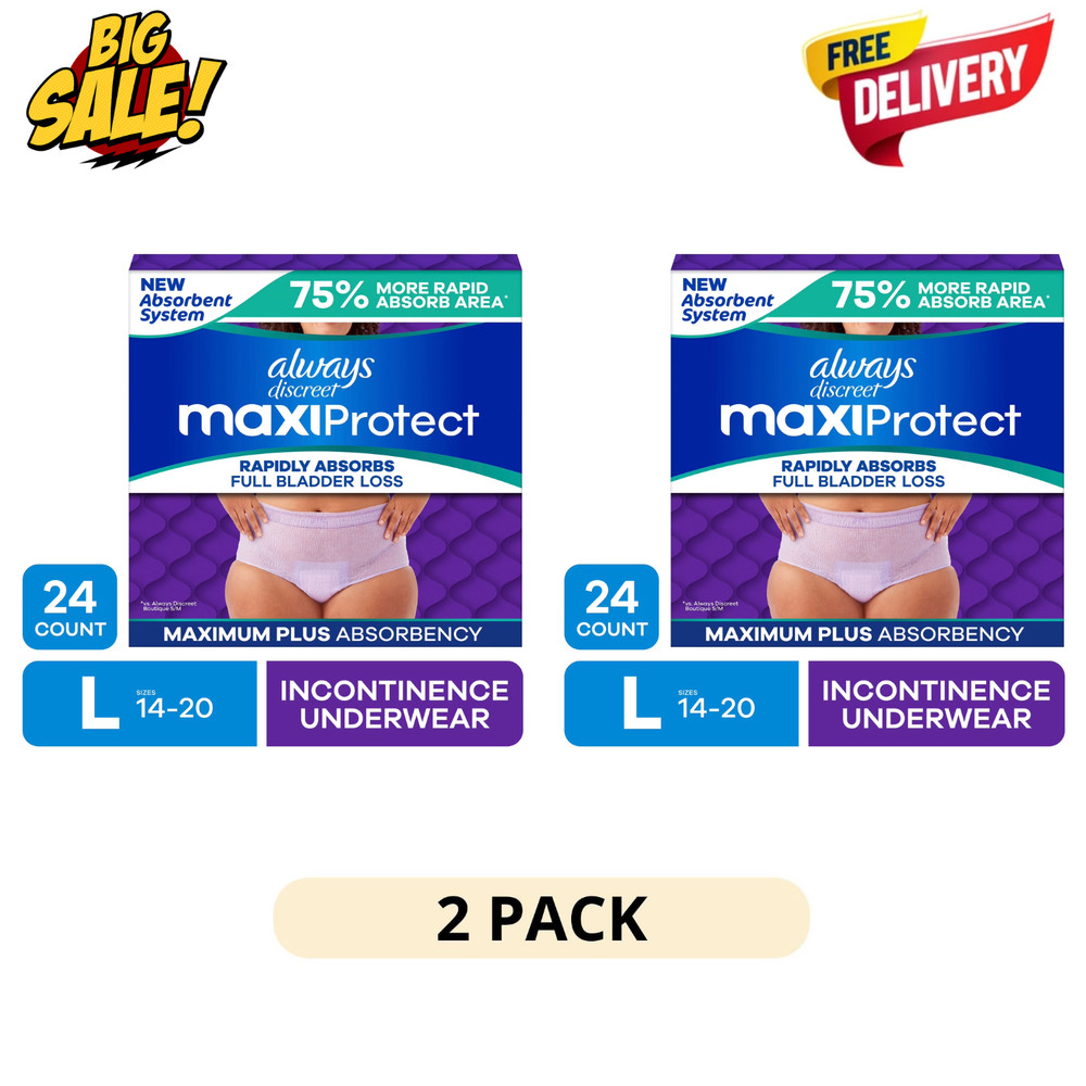 2 Pack Always Discreet Womens Underwear L 24Ct MaxiProtect Max Plus Absorbency