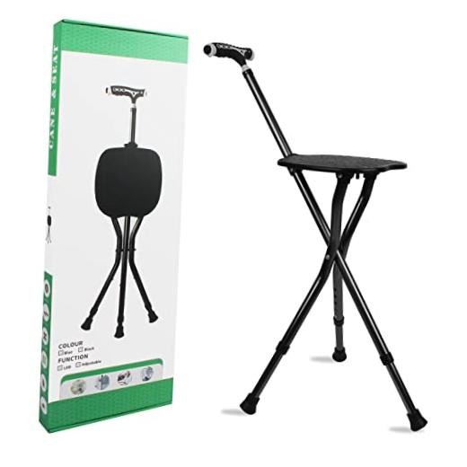 Hold 440 lbs Cane with Seat Combo Aluminum Alloy Portable LED Folding LED Black