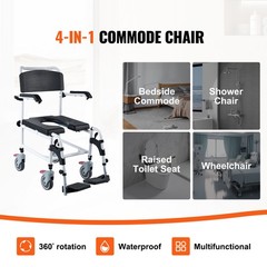 VEVOR Shower Commode Wheelchair with 4 Lockable Wheels Footrests Flip-up Arms
