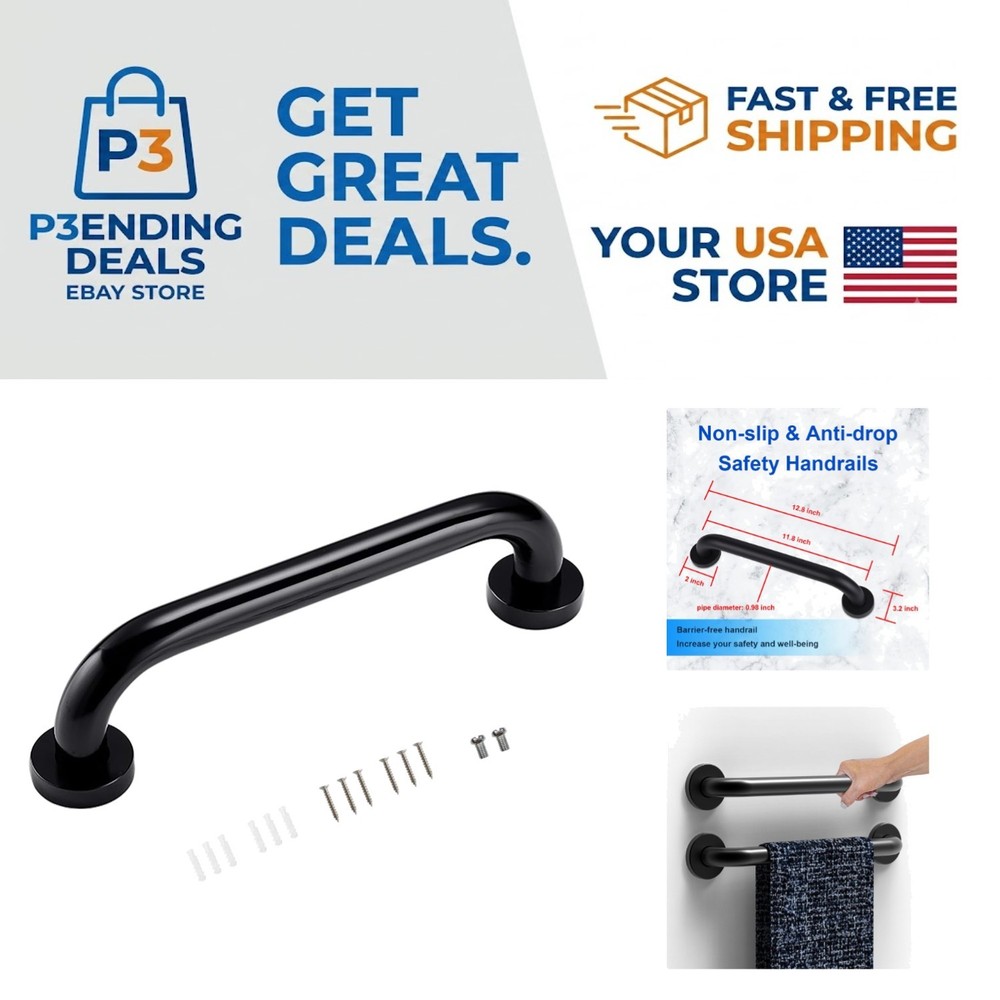 Powder Coated Black Grab Bar – 12“ Wall Handrail for Indoor & Outdoor Safety