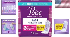 5 Drop Maximum Absorbency Incontinence & Postpartum Pads – 12 Count, Long Length