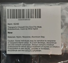 New, THERAPIST’S CHOICE Ambidextrous Cock-Up Wrist Splint (One Size), #6240