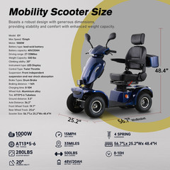 1000W 4-Wheel Heavy Duty Mobility Scooters w/ 16″ Tire for Seniors 500lbs 15MPH
