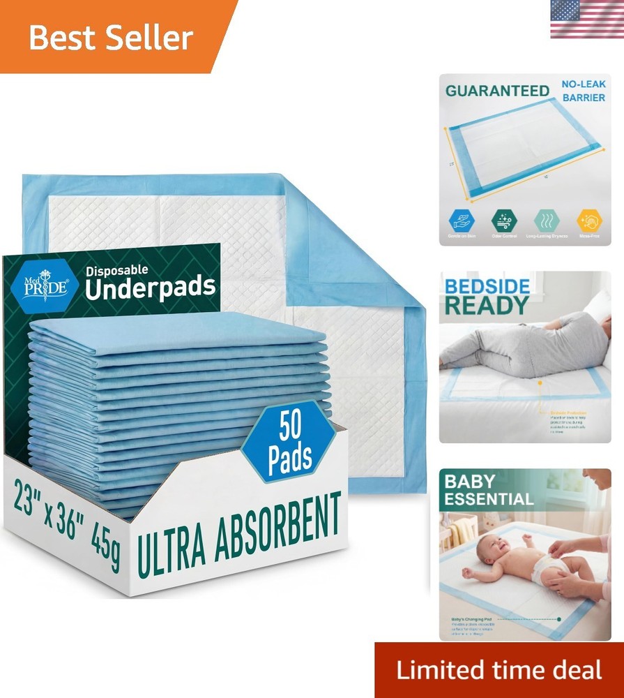 50 Count Disposable Chux Pads 23″x36″ – Super Absorbent Bed Pads in Blue/White