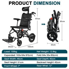 Reclining Transport Wheelchair – 90-165° Backrest, Dual Shock Absorption,3s Fold