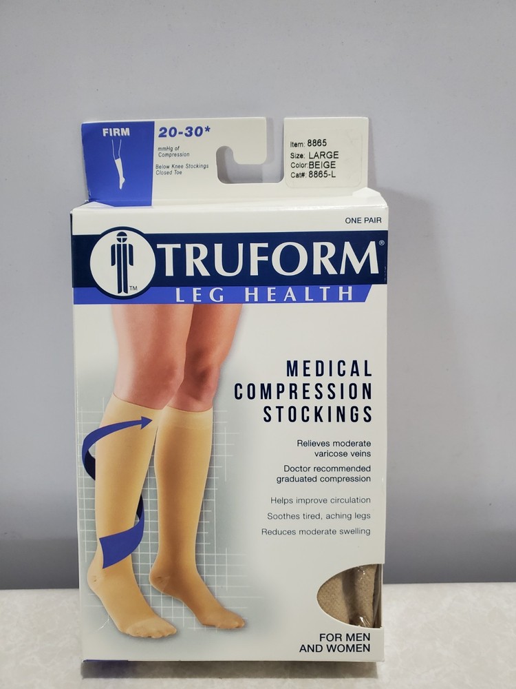 Truform 20-30 Below Knee Compression Stockings Closed Toe Beige Size Large 8865L