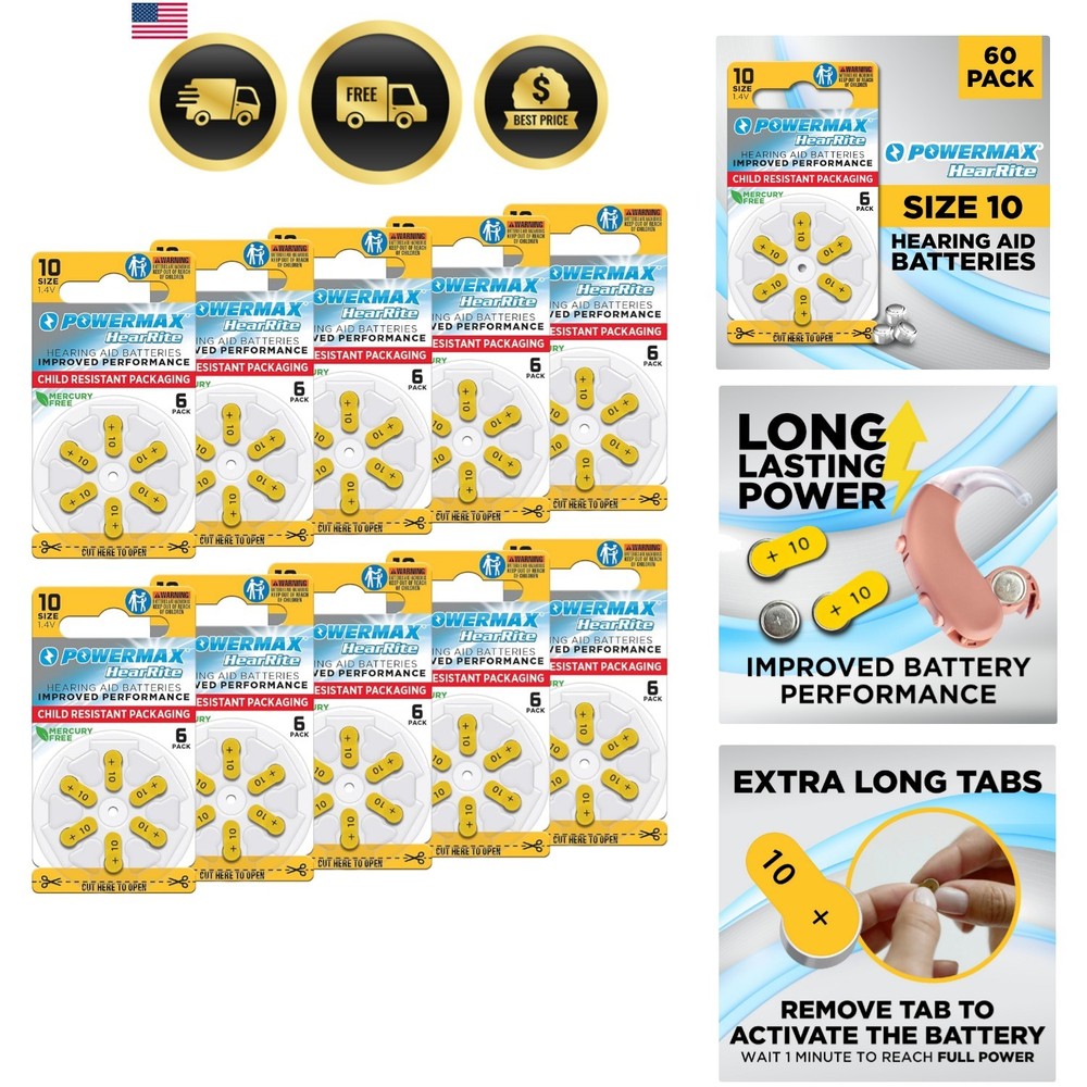 Size 10 Hearing Aid Batteries, 60 Count Long-Lasting Battery Pack, Yellow Lon…