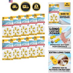 Size 10 Hearing Aid Batteries, 60 Count Long-Lasting Battery Pack, Yellow Lon…