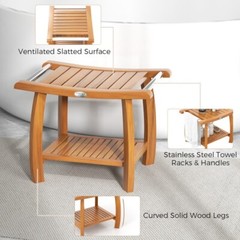 2-Tier Teak Wood Bath Storage Bench Shower Stool With Curved Seat and Handles