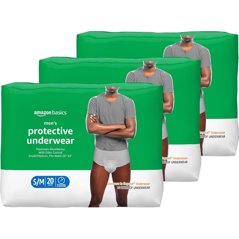 Amazon Basics Mens Protective Underwear, Max Absorbency, S/M, 20 Count (3 pack)