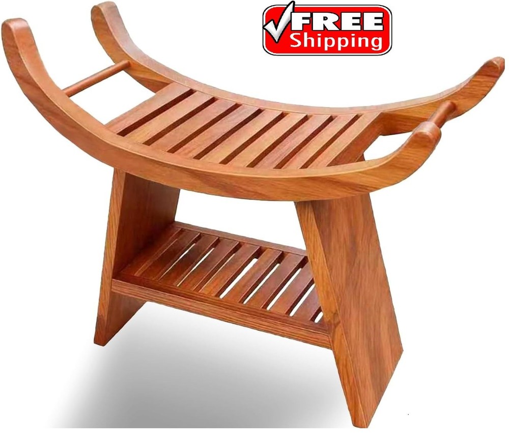 23″ Teak Shower Bench with Curved Seat & Storage Shelf, Holds 500 LBS