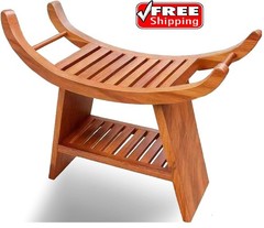 23″ Teak Shower Bench with Curved Seat & Storage Shelf, Holds 500 LBS
