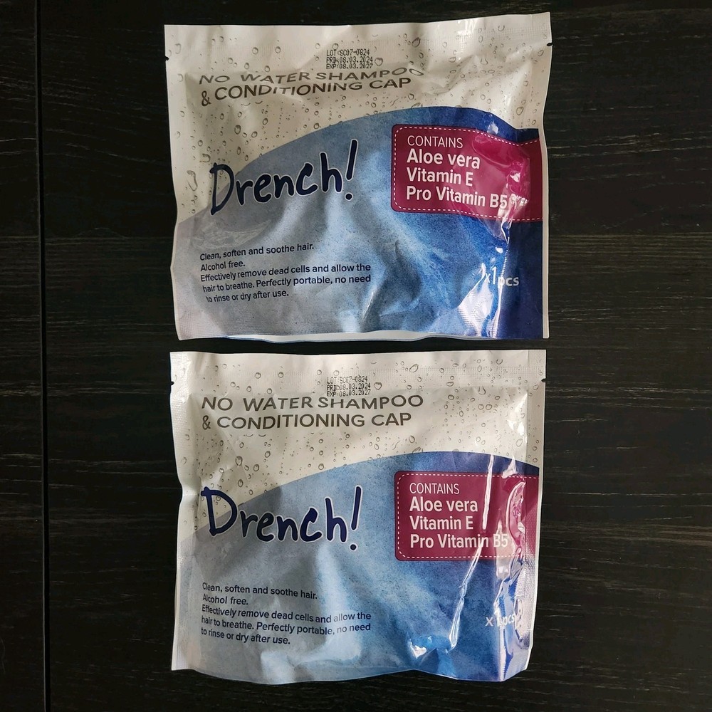 DRENCH! 2 Pack No Rinse Shampoo & Conditioning Cap NEW EXP 03/2027