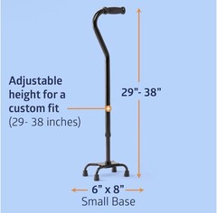 Quad Base Cane Adjustable Height 29-38 in Tool-Free Assembly, Black, 300 lb