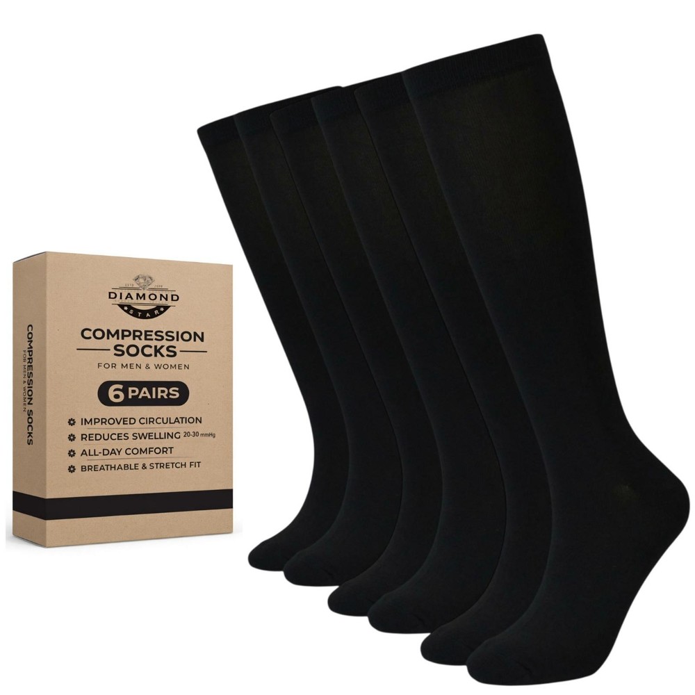 6 Pairs Men & Women Black Compression Socks Fit Knee High Support Running Travel