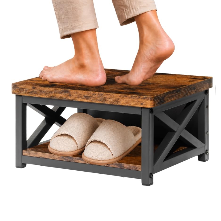 8 Inch Wooden Step Stool Bedside Rustic Brown 500 lbs Steel Frame AntiSlip