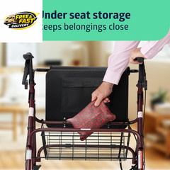 Large Extra Wide Aluminum Bariatric Rollator Walker with Seat, Burgundy, 400 Lb.