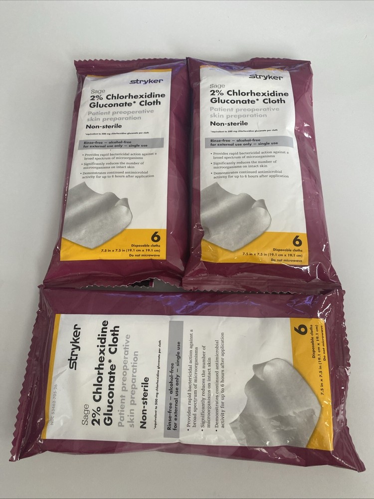 Stryker Sage 6 Cloths X 3 Packs 2% Chlorhexidine Gluconate Pre-op Prep Wipes NEW
