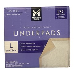 Member’s Mark Total Protection Super Absorbant Underpads, 120 Pack, Large 23×36″