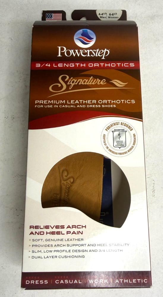 Powerstep Signature Leather Orthotic Supports 3/4 Length Insoles M 4-4.5 W 6-6.5