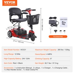 VEVOR 3-Wheel Folding Mobility Scooter for Seniors 12 Mile Range 265LBS Capacity
