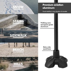 Folding Adjustable Quad Base Walking Cane KingGear F1 Self Standing Black