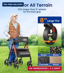 VOCIC Walkers for Seniors, Z21 Rollator Walker with Seat Supports 350lb, 8″ Big