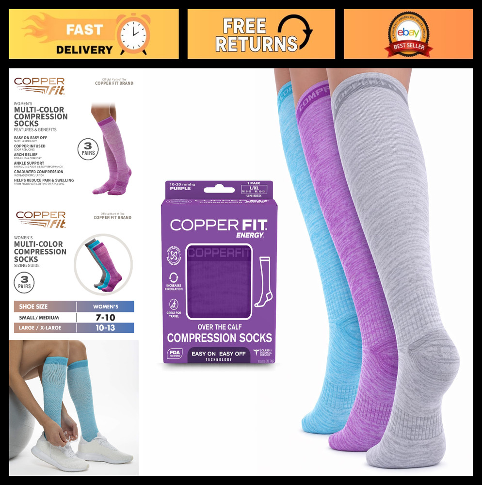 Women’s Knee High Compression Socks – Easy-On, Energy Boost, Copper Infused