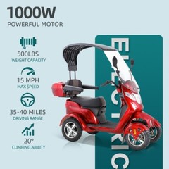 1000W Heavy Duty 4 Wheels Mobility Scooter w/ Roof 40 Miles 15 MPH for Seniors