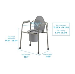 3-in-1 Bedside Commode, Adjustable Height, Steel Frame, 350 lb, Gray Nova 8450