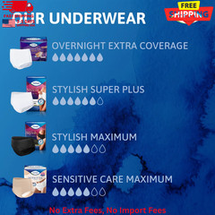 TENA Sensitive Care Overnight Underwear, XL, 56 Count (Waist Size 39in-52in) New
