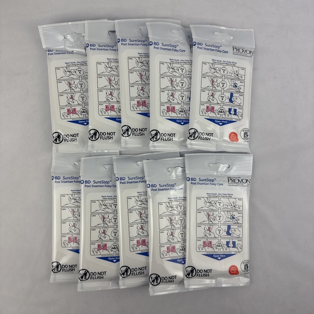 GOJO PROVON BD SureStep Post Insertion Foley Care Wipes DFC100, 10 Packs of 5 ea
