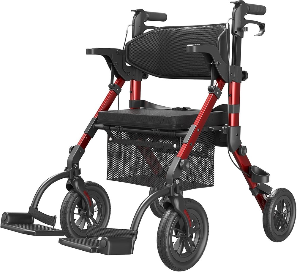 Used 2-in-1 Rollator & Transport Chair – Lightweight Foldable – Red
