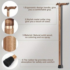 Handcrafted natural solid wood walking cane; supports up to 500 lbs.